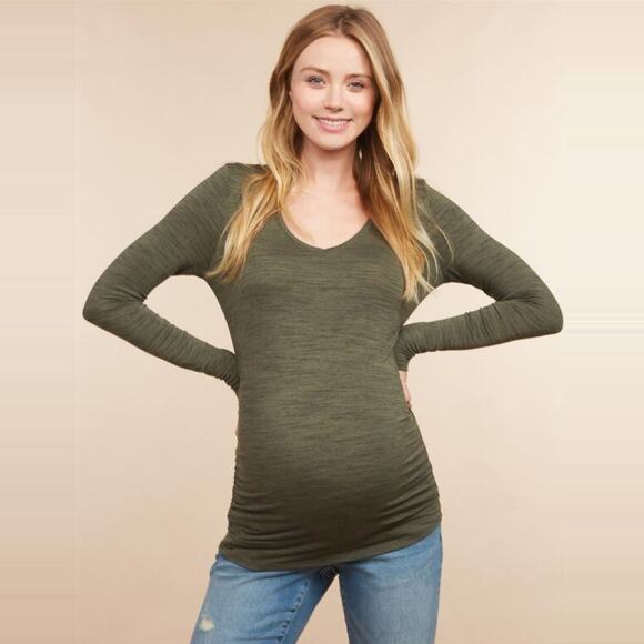 Michael Stars Long Sleeve Ruched Maternity Tunic Top One Size Green Khaki Shine - Picture 3 of 11